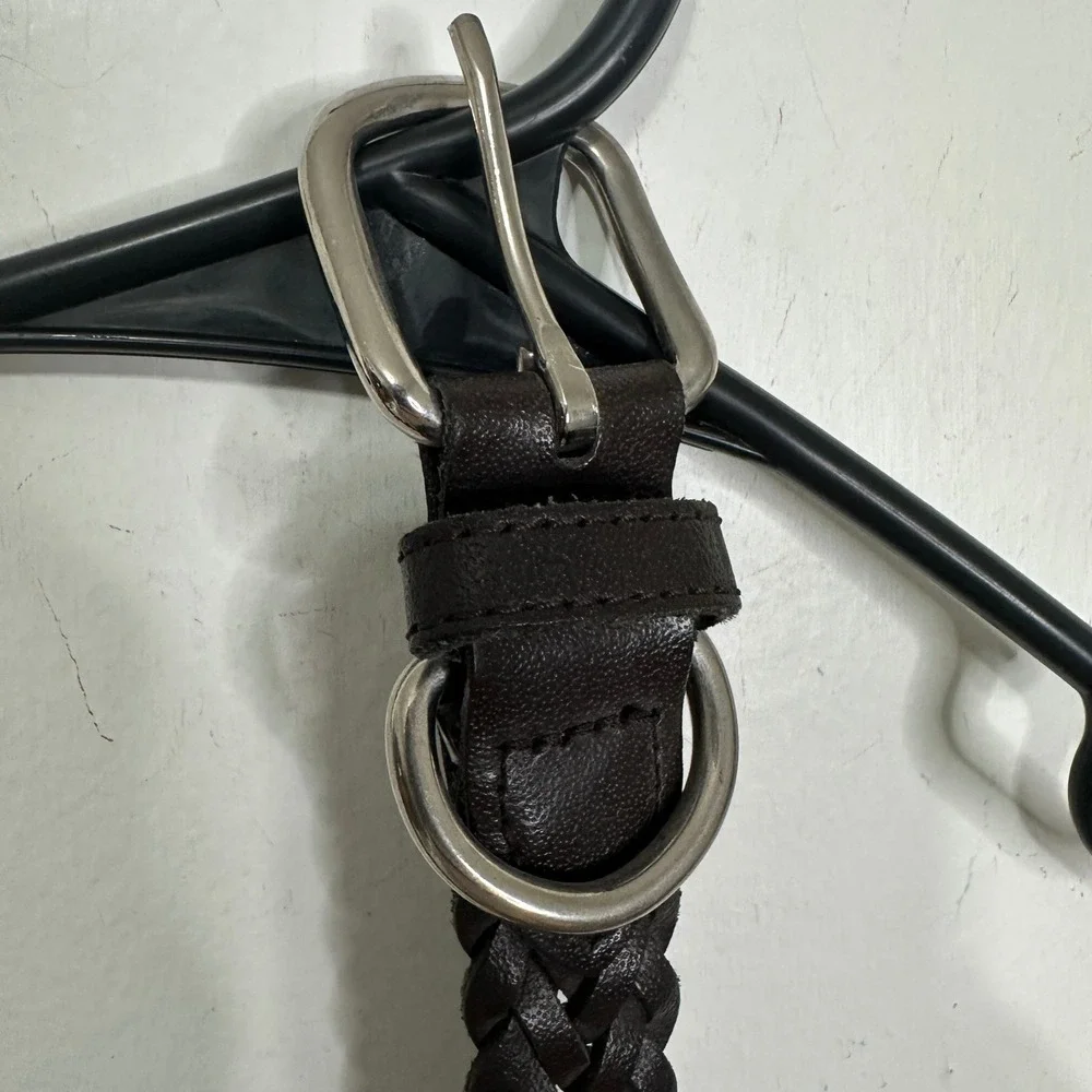 Mens Dark Brown Braided Genuine Leather Belt XXL Silver Buckle Woven 48 Inch